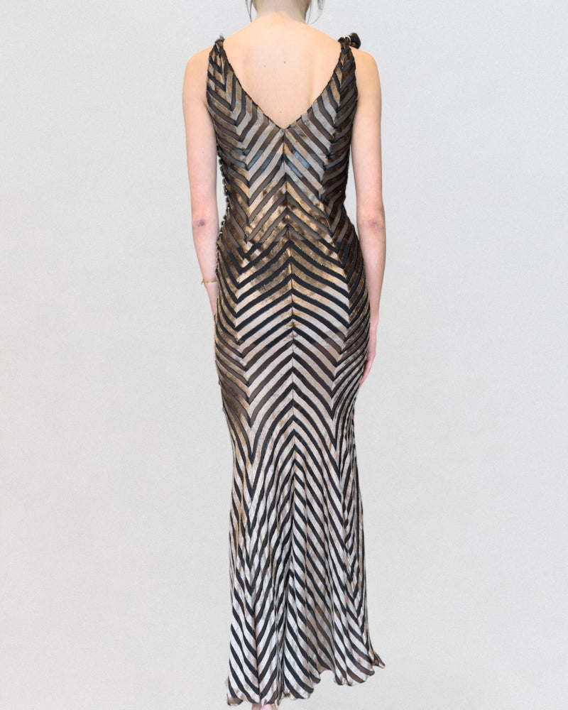 Fabric detail of devoré velvet striping and silk chiffon panels on Galliano-designed Dior gown