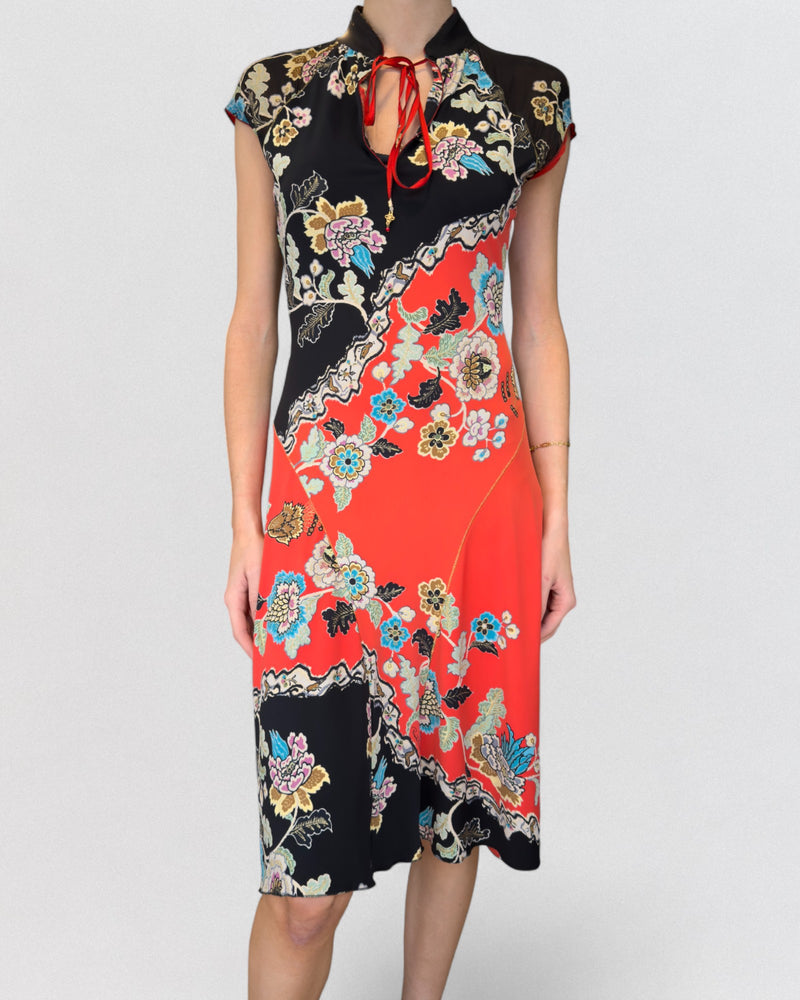 Red and black printed cheongsam dress by Roberto Cavalli, spring 2003, with dragon and floral motifs