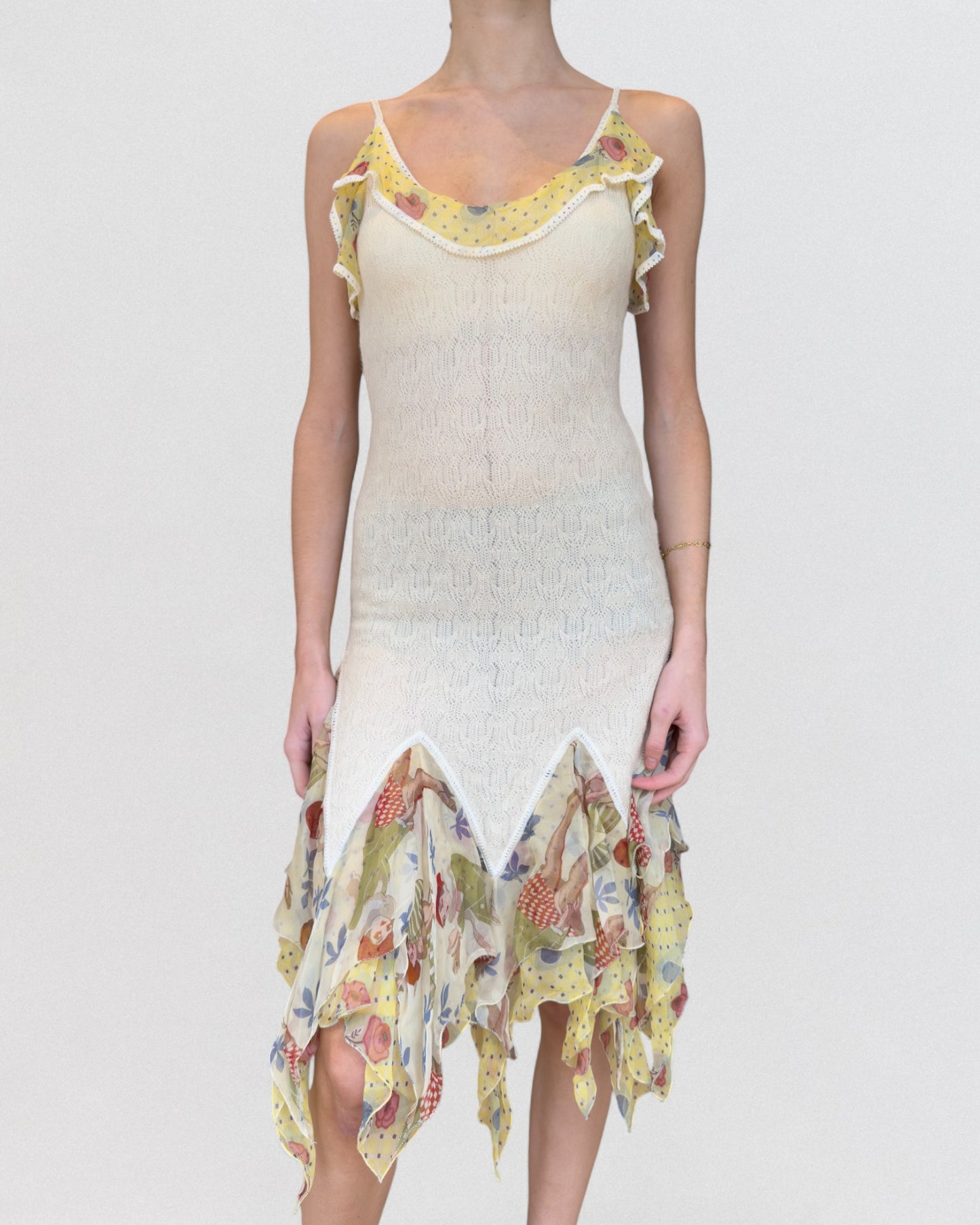 John Galliano Spring 2004 Mixed Lace and Printed Ruffle Dress