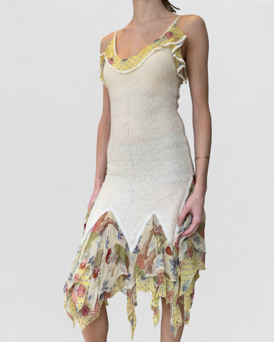 John Galliano Spring 2004 Mixed Lace and Printed Ruffle Dress