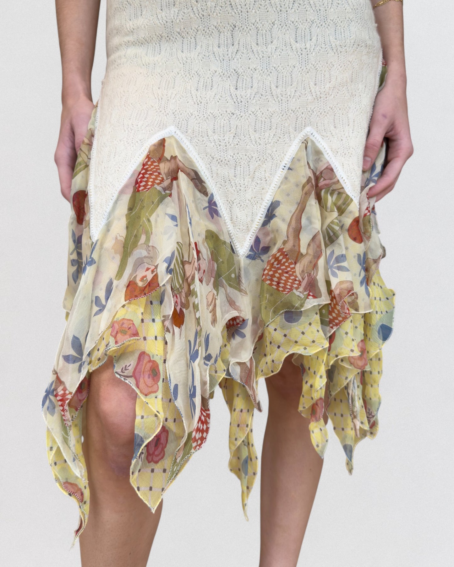 John Galliano Spring 2004 Mixed Lace and Printed Ruffle Dress