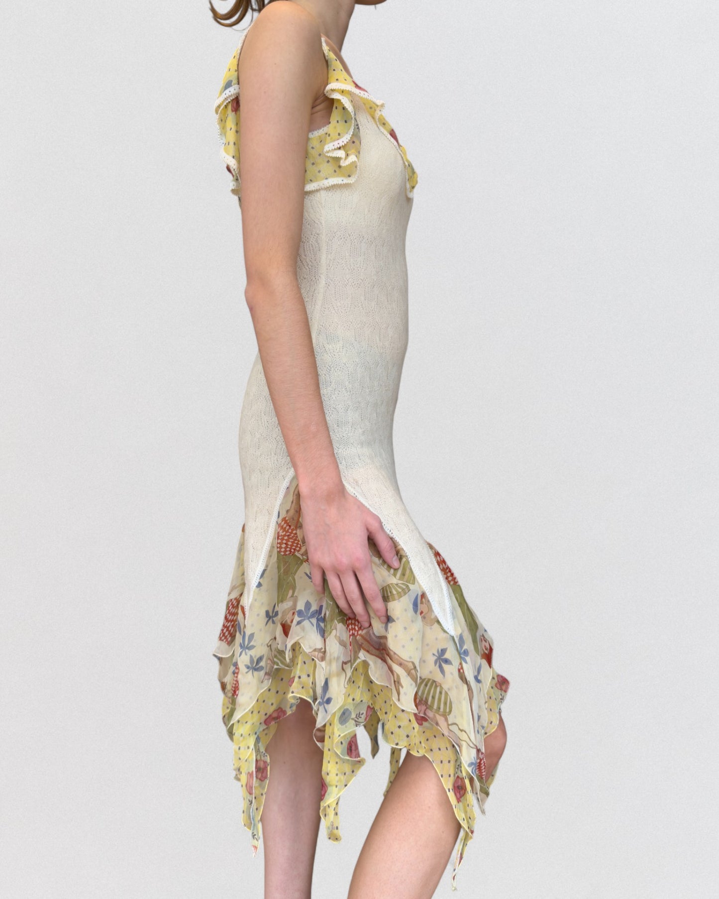 John Galliano Spring 2004 Mixed Lace and Printed Ruffle Dress