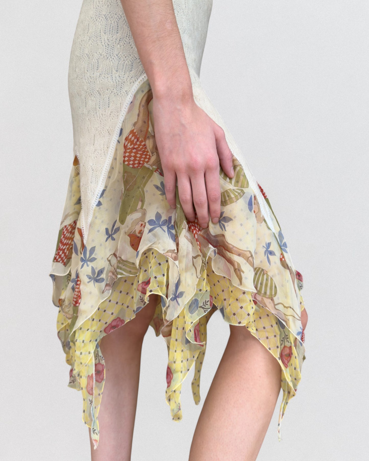 John Galliano Spring 2004 Mixed Lace and Printed Ruffle Dress