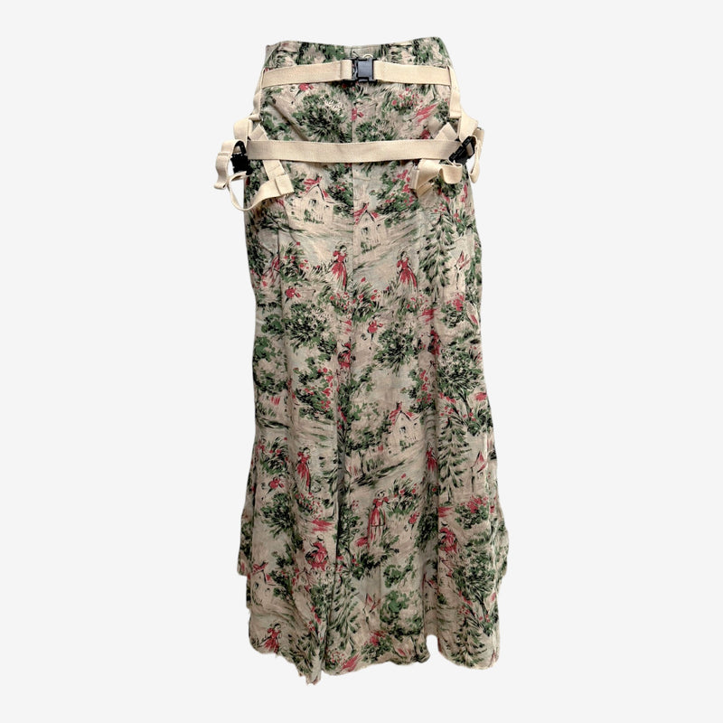 Tropical floral parachute skirt by Junya Watanabe with canvas webbing straps and D-ring hardware