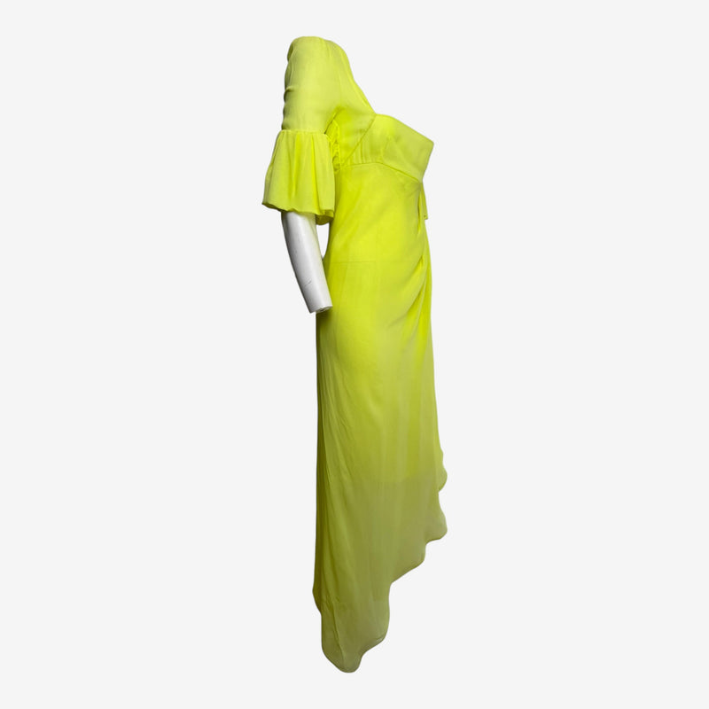 Chartreuse silk gown by Emanuel Ungaro, side detail of gathered puff sleeve