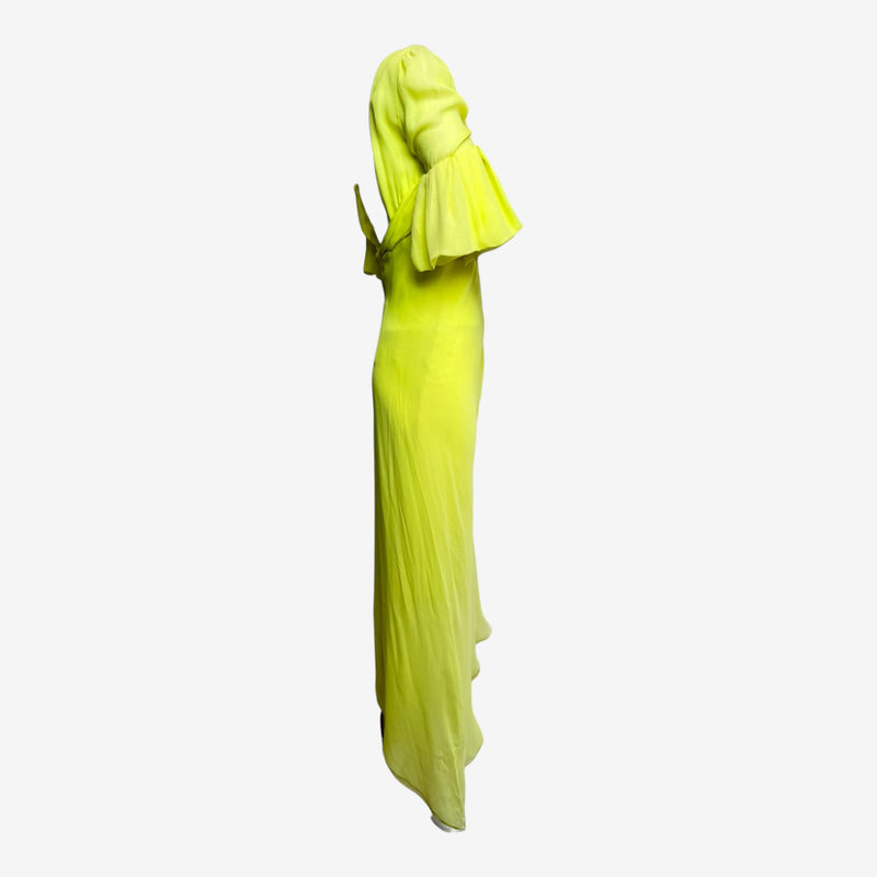 Chartreuse silk gown by Emanuel Ungaro, fitted bodice and neckline detail