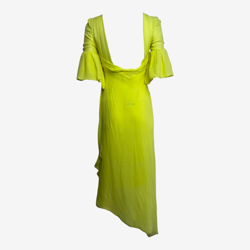 Chartreuse silk gown by Emanuel Ungaro, asymmetrical drape and hemline