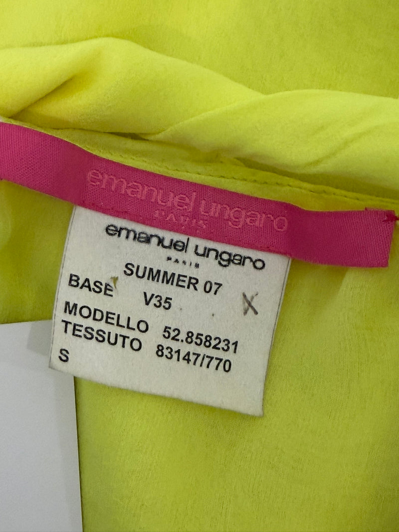 Chartreuse silk gown by Emanuel Ungaro, floor-length silhouette with side seam boning