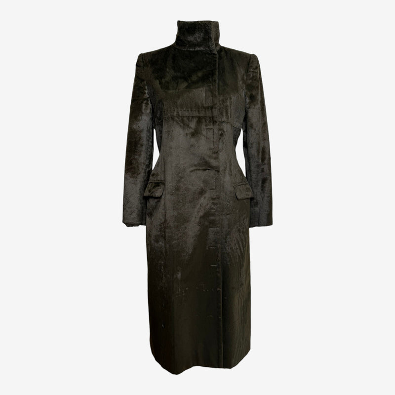 Olive green faux fur long coat by Chloé, front view with wide lapels and fitted waist