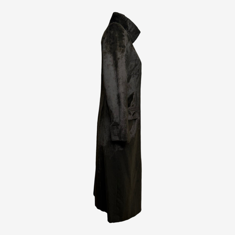 Olive green faux fur coat by Chloé, rear view with brushed texture detail