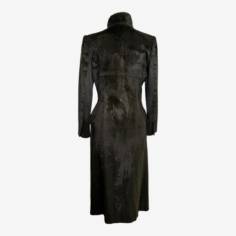 Olive green faux fur coat by Chloé, close-up of brushed synthetic material and welt pocket