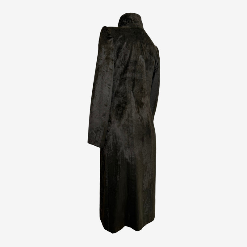 Olive green faux fur coat by Chloé, lapel detail showing upturned collar configuration