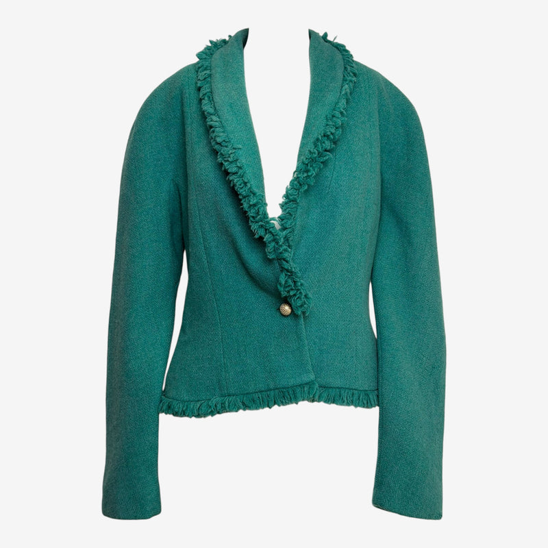 Emerald green Donegal tweed jacket by Christian Dior, front view with fringe-trimmed lapels and V-neckline