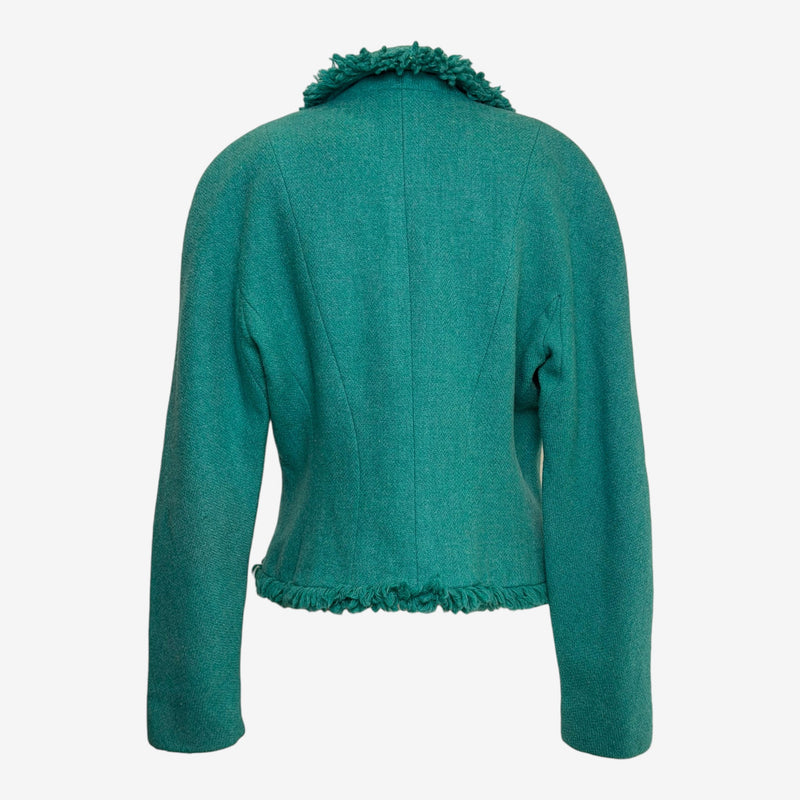 Nubby texture of emerald Donegal tweed fabric on Dior F/W 1998 jacket