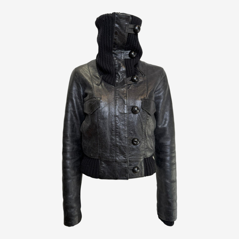 Black leather bomber jacket by Balenciaga, knit collar detail