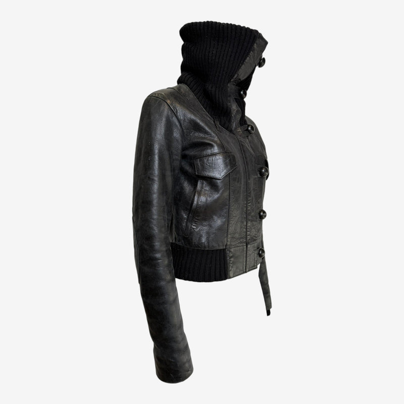 Black leather bomber jacket by Balenciaga, front button closure