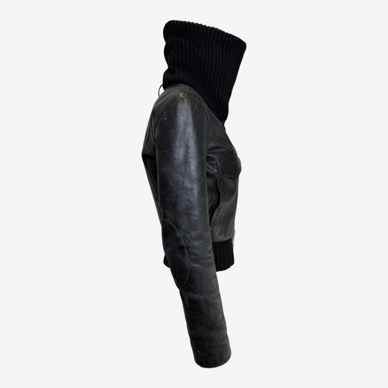 Black leather bomber jacket by Balenciaga, chest pocket flap
