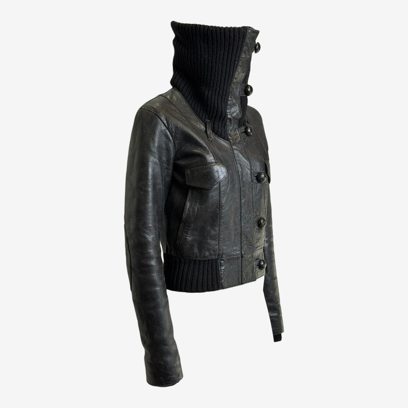Black leather bomber jacket by Balenciaga, knit collar high neckline