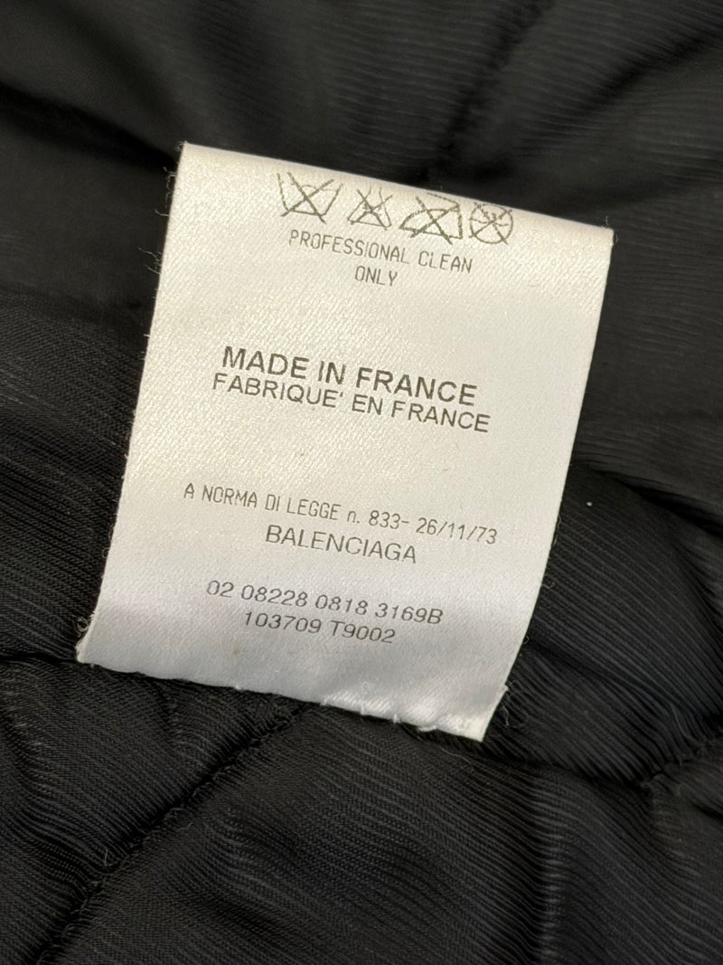 Black leather bomber jacket by Balenciaga, interior lining