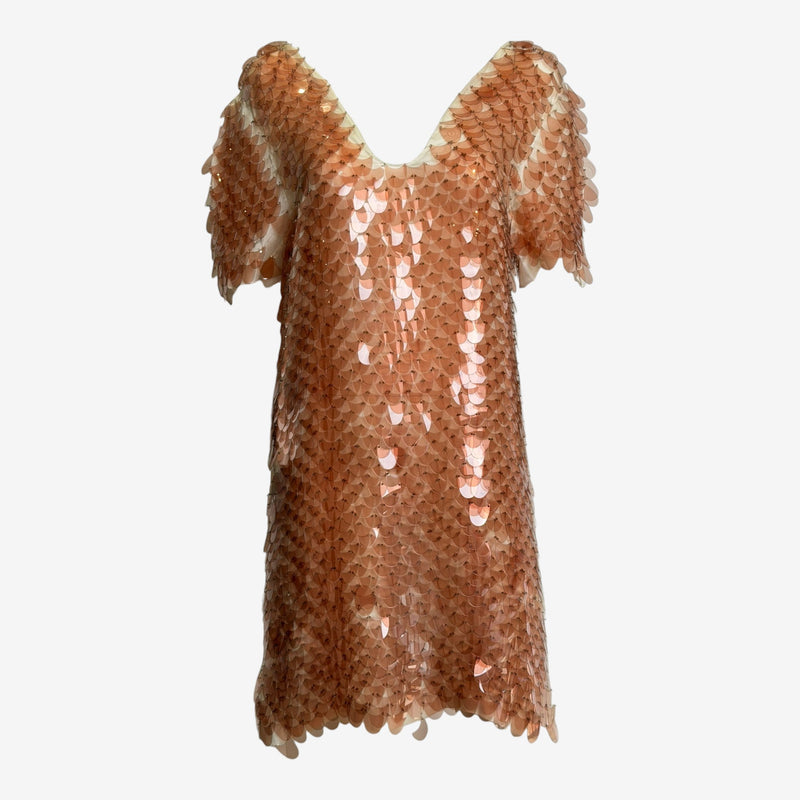 Copper-sequined dress by Prada, fish scale pattern detail on mesh base