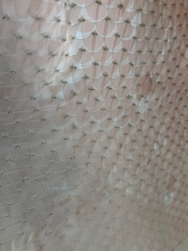Prada sequined dress laid flat, showing mid-calf length and mesh lining