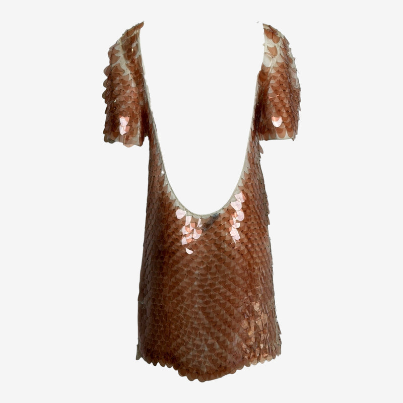 Side profile of Prada sequined dress showing dimensional texture