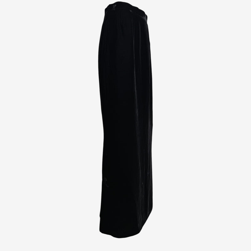Black velvet maxi skirt by Chanel, back view showing side seam detail