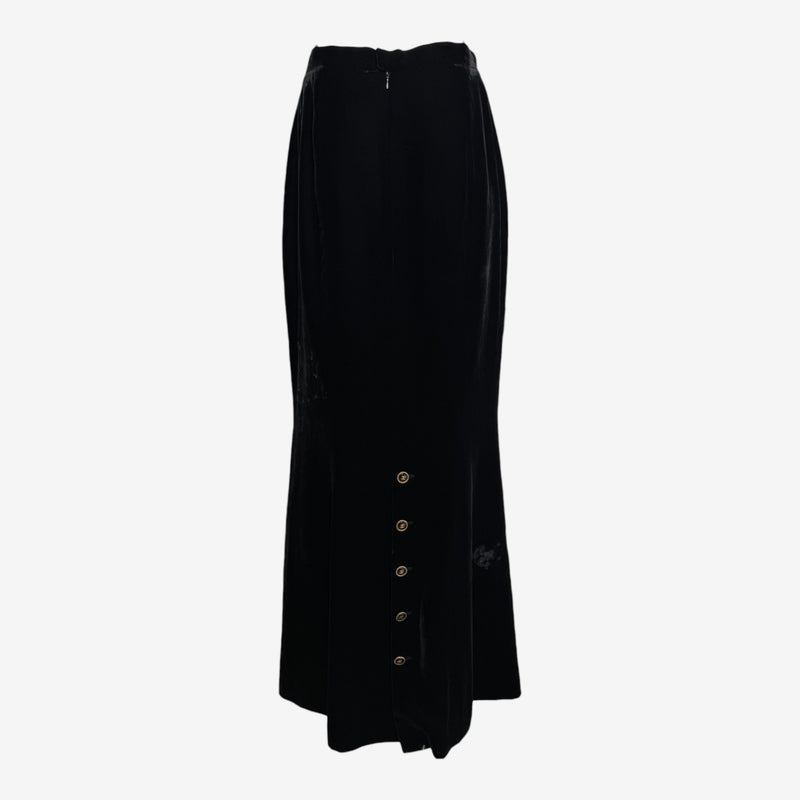 Black velvet maxi skirt by Chanel, side seam opening detail