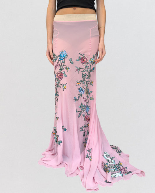 Roberto Cavalli Spring 2003 Prototype Sheer Tattoo Maxi Skirt