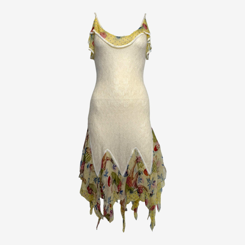 Pale yellow knit dress by John Galliano, fitted silhouette with floral silk ruffle trim at neckline and straps