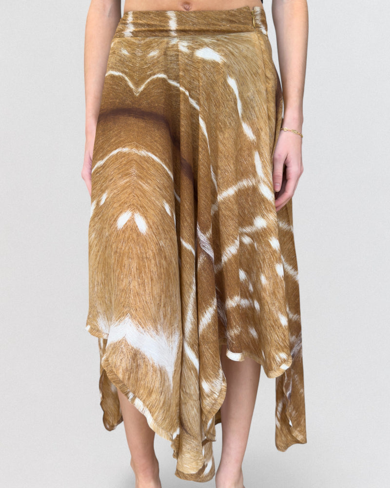 Cream and brown silk skirt by Yves Saint Laurent, gazelle hide printed motif