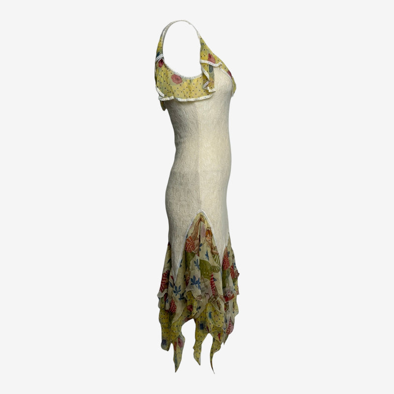 John Galliano knit dress side detail, floral silk ruffle layering through lower portion with handkerchief hem