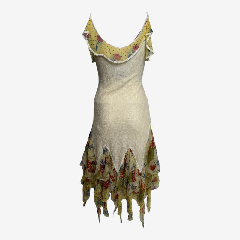 John Galliano dress back view, form-fitting knit construction with contrasting silk trim detailing