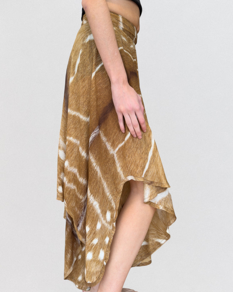 Tawny brown and cream printed silk skirt by Yves Saint Laurent, draped hemline