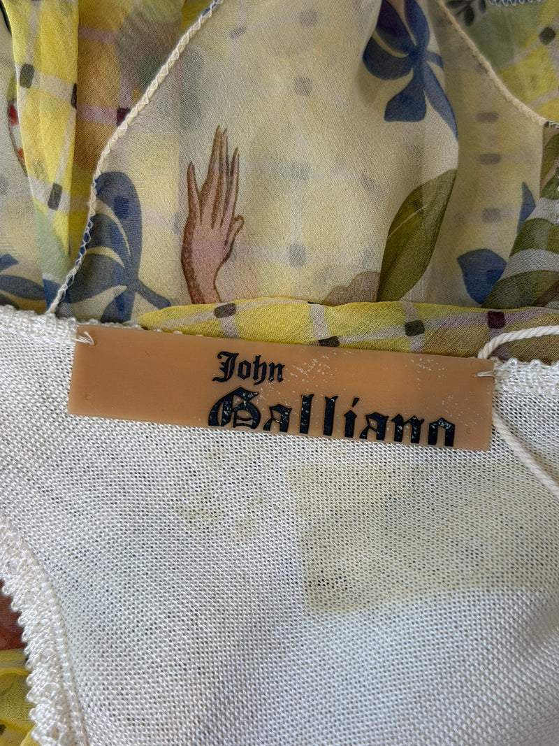 Pale yellow John Galliano knit dress, white contrast piping on floral silk ruffle trim edges