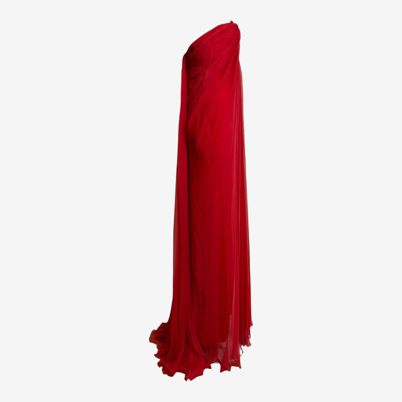 Red pleated silk chiffon gown by Alexander McQueen, front bodice detail with boning