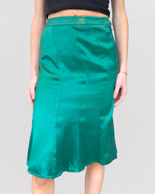 Yves Saint Laurent by Tom Ford Fall 2003 Green Silk Midi Skirt