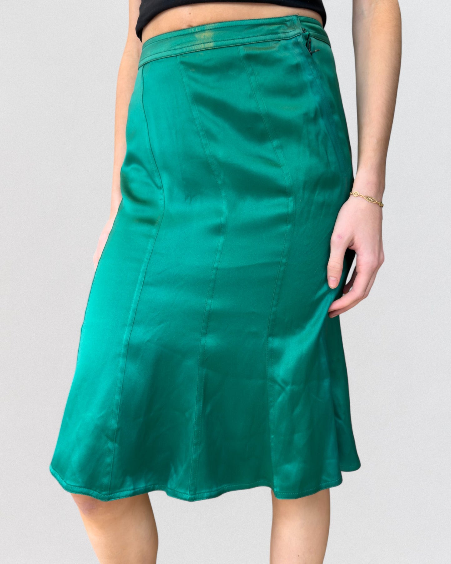 Yves Saint Laurent by Tom Ford Fall 2003 Green Silk Midi Skirt
