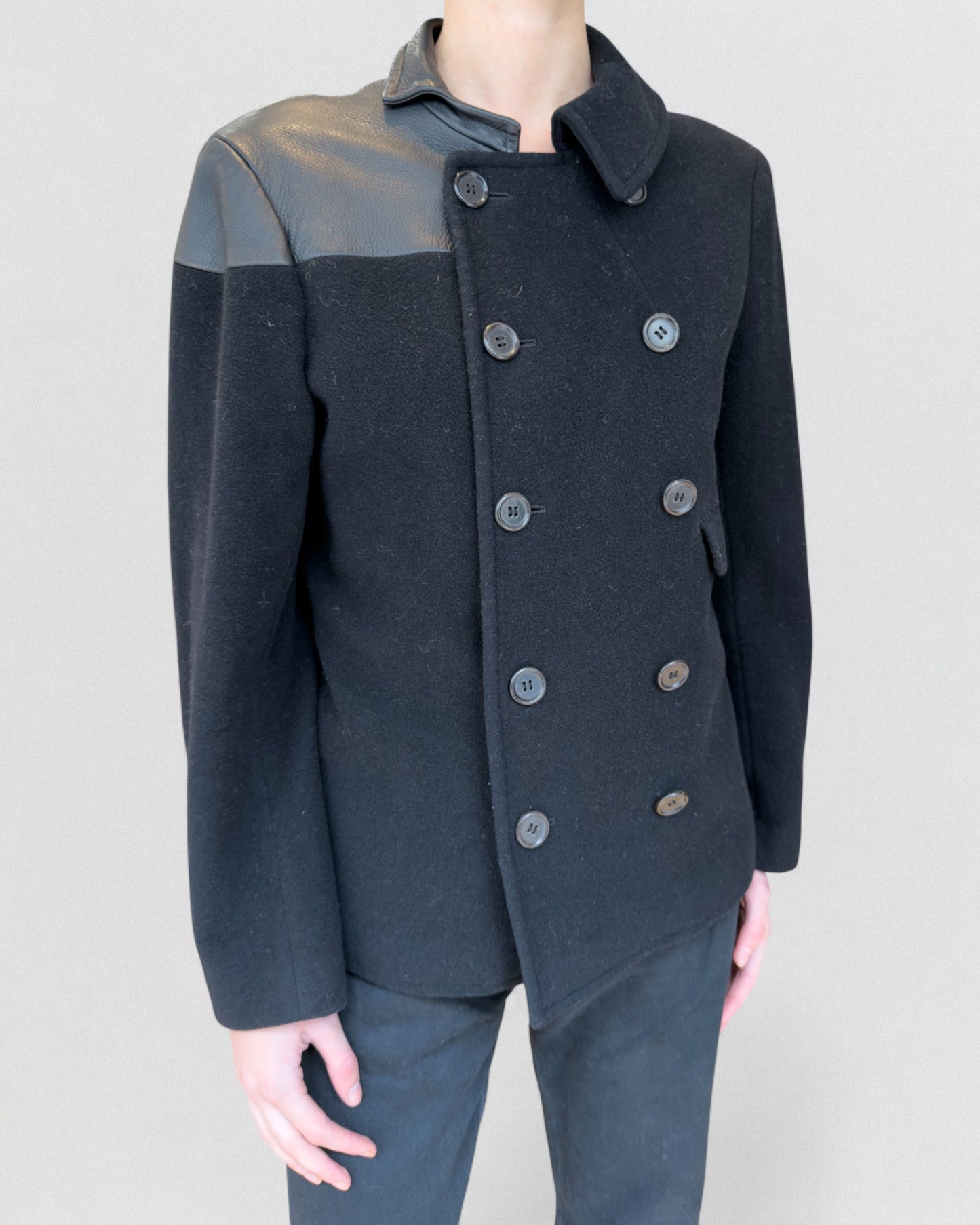 Yohji Yamamoto Fall 2002 Leather Insert Wool Black Jacket