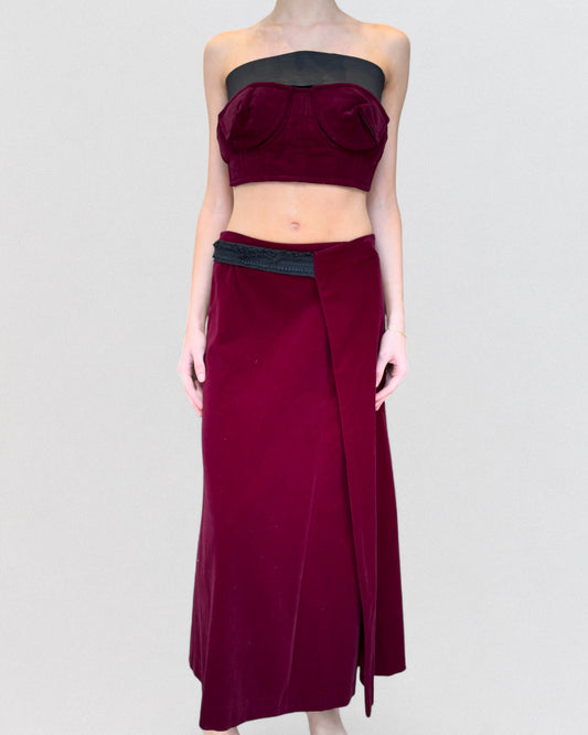 Comme Dess Garçons Fall 2001 Deconstructed Red Velvet Bustier Skirt Ensemble