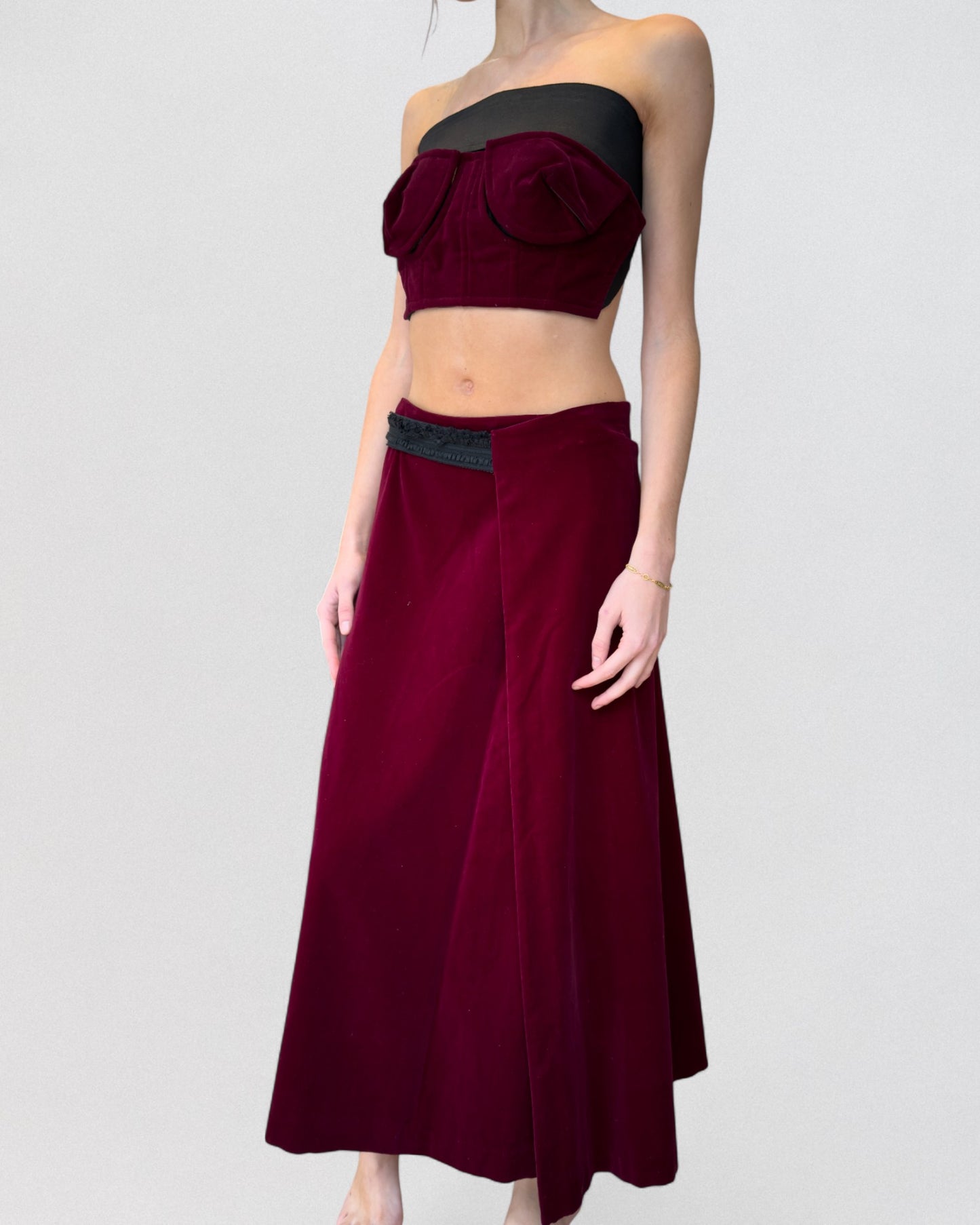 Comme Dess Garçons Fall 2001 Deconstructed Red Velvet Bustier Skirt Ensemble