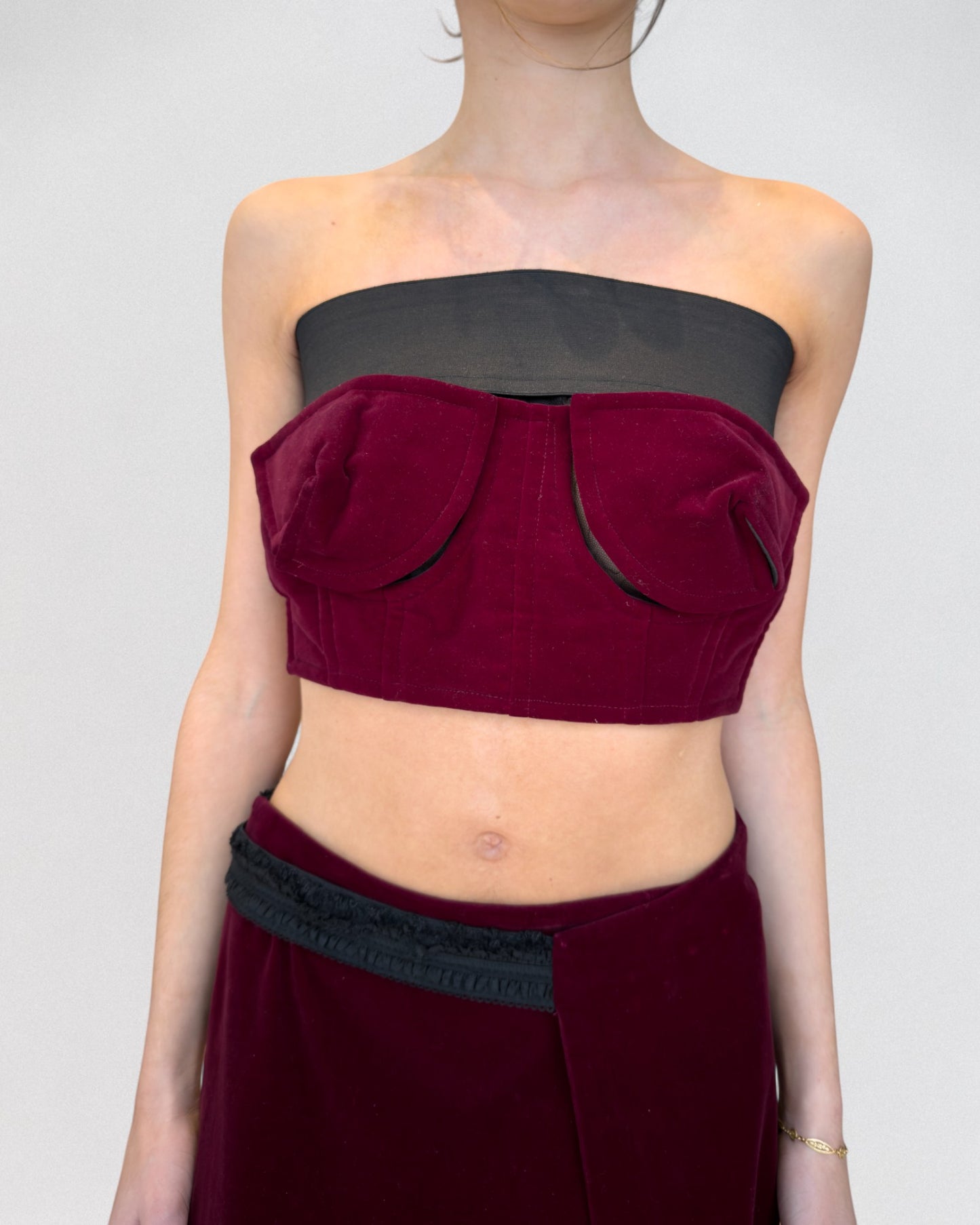 Comme Dess Garçons Fall 2001 Deconstructed Red Velvet Bustier Skirt Ensemble