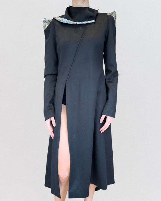 Anne Valerie Hash Spring 2001 Haute Couture Black Embellished Collar Coat Dress