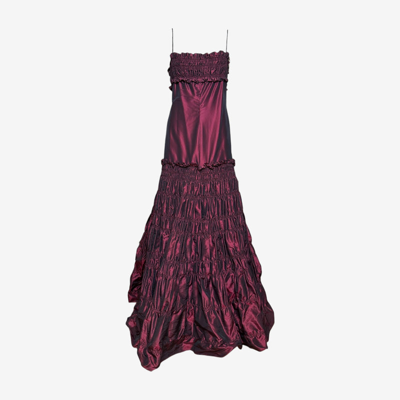 Burgundy iridescent taffeta gown by Valentino, strapless bodice with smocked ruffle detailing