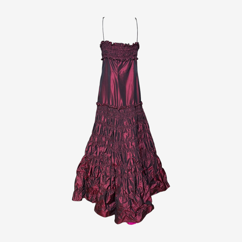Valentino gown showcasing light reflection on iridescent silk