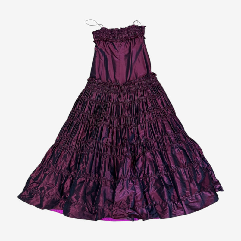 Layered ruffles and tulle construction on gown hem