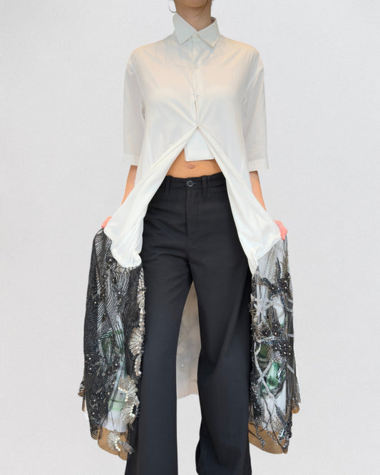 Yohji Yamamoto Spring 2020 Embellished Organza-Panel Shirt Dress