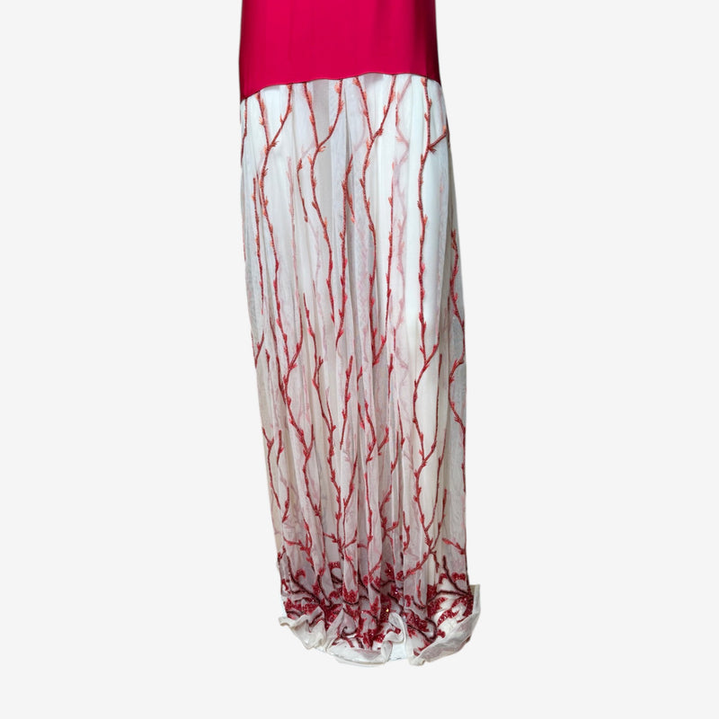 Fuchsia silk evening gown by Gianni Versace, side profile showing beaded bodice