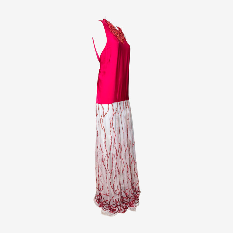 Fuchsia silk evening gown by Gianni Versace, white silk skirt with red coral embroidery