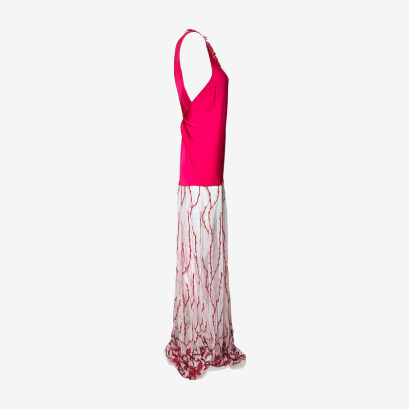 Fuchsia silk evening gown by Gianni Versace, embroidered coral branches on skirt